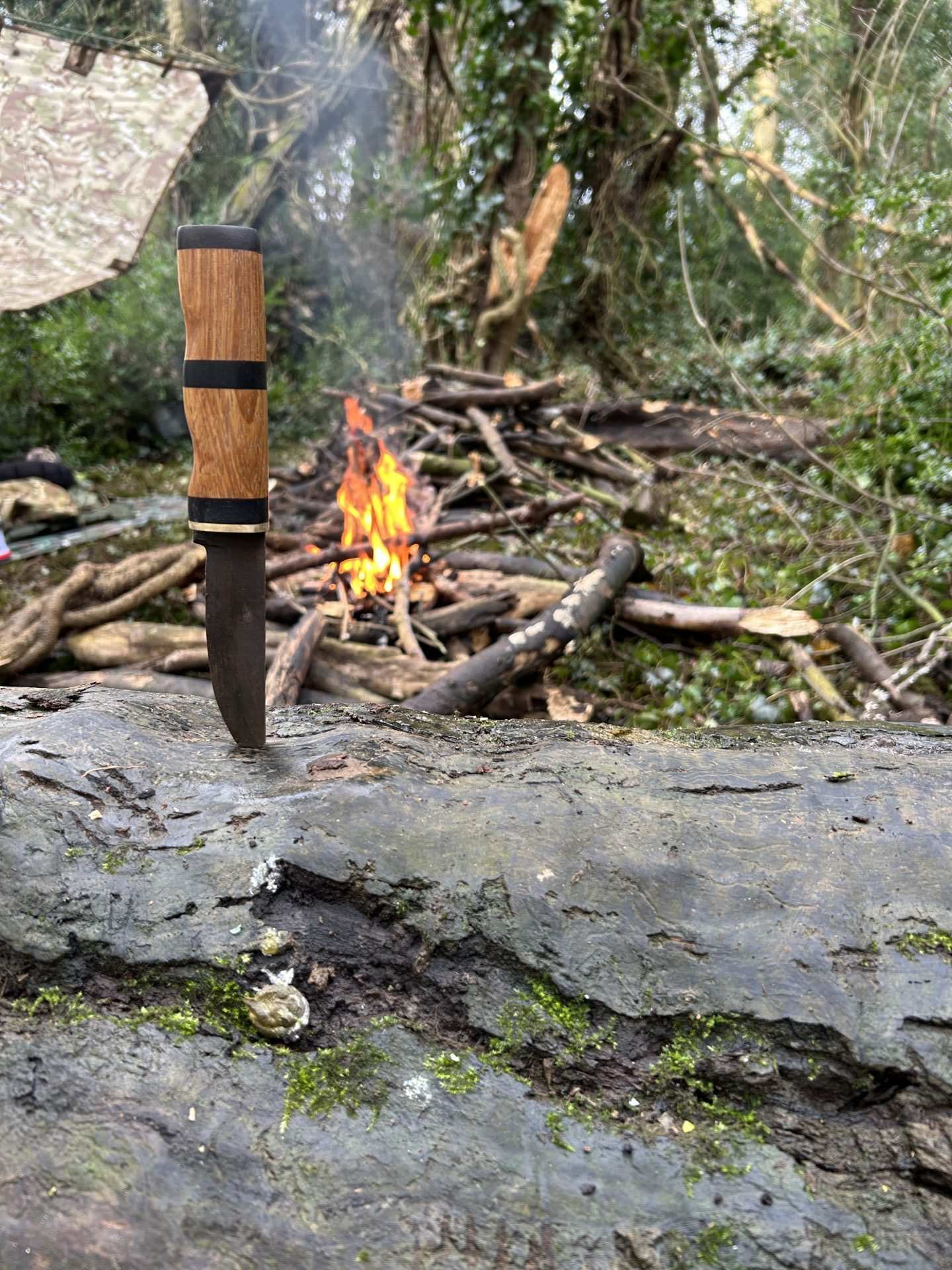 Knife on log by fire